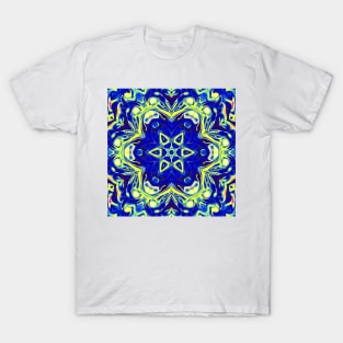 Psychedelic Mandala Flower Blue and Yellow T-Shirt
